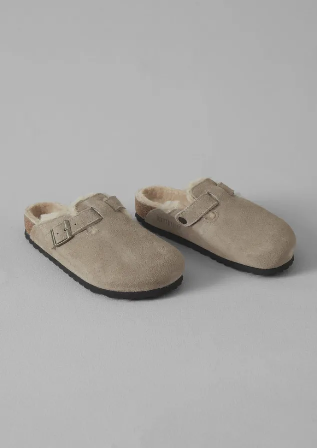 Slippers | Nightwear-TOAST Birkenstock Boston Suede Shearling Clogs Taupe