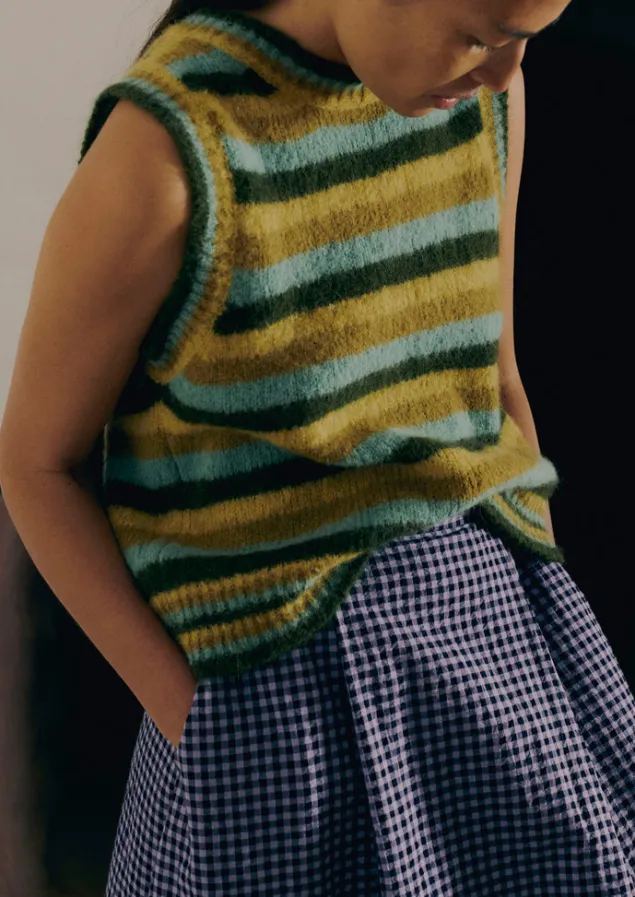 Knitwear-TOAST Brushed Alpaca Blend Stripe Tank OliveMulti