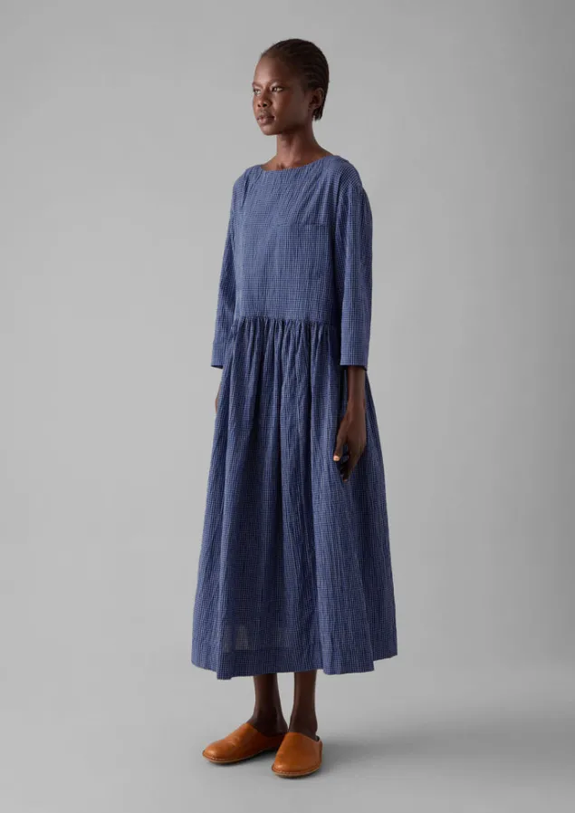 Loungewear | Dresses-TOAST Check Crinkle Cotton Boat Neck Dress Cobalt