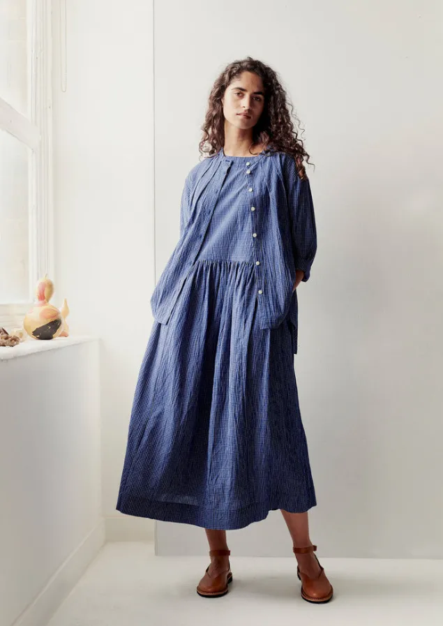 check_crinkle_cotton_boat_neck_dress_5.webp Loungewear | Dresses-TOAST Check Crinkle Cotton Boat Neck Dress Cobalt