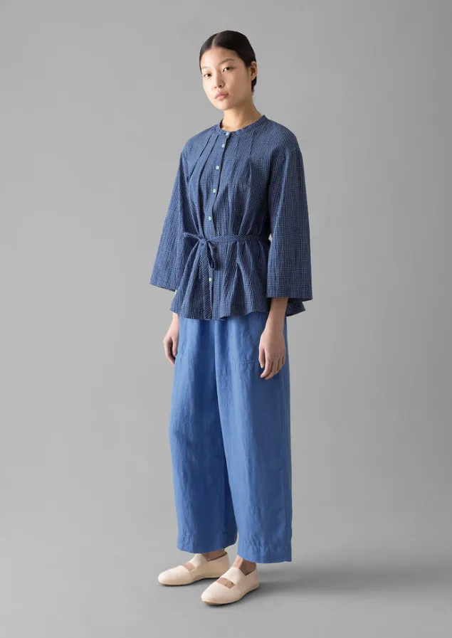Loungewear | Tops & Tees-TOAST Check Crinkle Cotton Tie Shirt Cobalt