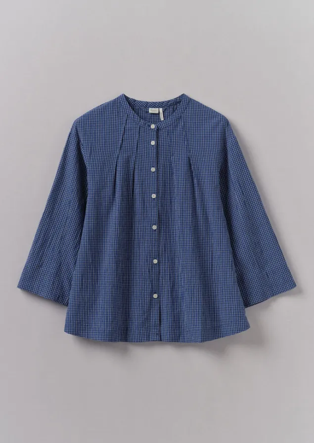 check_crinkle_cotton_tie_shirt_10.webp Loungewear | Tops & Tees-TOAST Check Crinkle Cotton Tie Shirt Cobalt