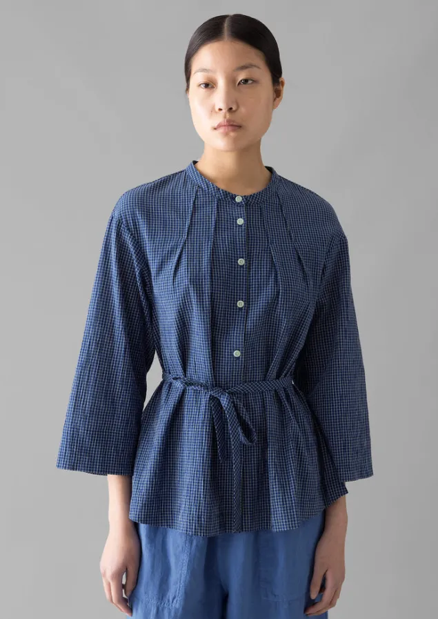 check_crinkle_cotton_tie_shirt_12.webp Loungewear | Tops & Tees-TOAST Check Crinkle Cotton Tie Shirt Cobalt
