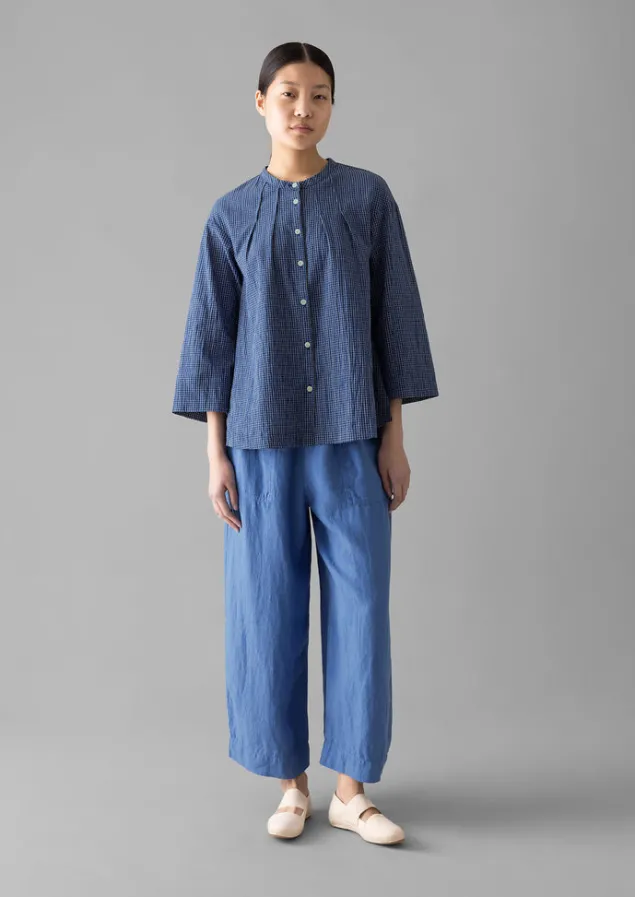 check_crinkle_cotton_tie_shirt_4.webp Loungewear | Tops & Tees-TOAST Check Crinkle Cotton Tie Shirt Cobalt