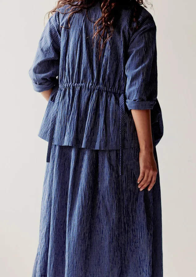check_crinkle_cotton_tie_shirt_8.webp Loungewear | Tops & Tees-TOAST Check Crinkle Cotton Tie Shirt Cobalt