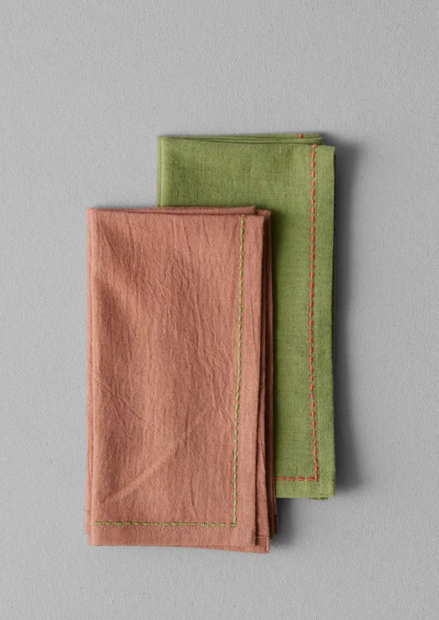 Textiles | Tableware-TOAST Embroidered Cotton Linen Napkin Set Moss/Clay