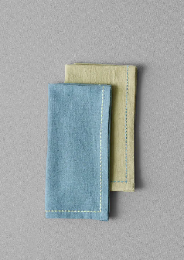 Textiles | Tableware-TOAST Embroidered Cotton Linen Napkin Set Pollen/BreezeBlue