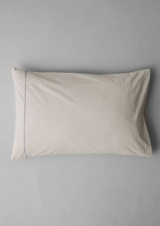Textiles | Bed Linen-TOAST Fine Stripe Organic Cotton Embroidered Pillowcase Ecru/SmokeBlue