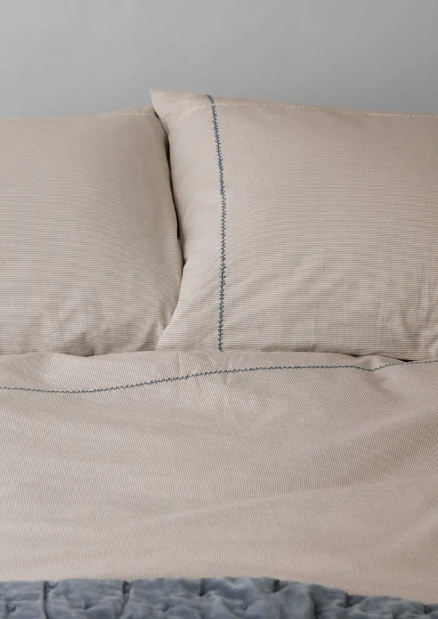 fine_stripe_organic_cotton_embroidered_pillowcase_3.webp Textiles | Bed Linen-TOAST Fine Stripe Organic Cotton Embroidered Pillowcase Ecru/SmokeBlue