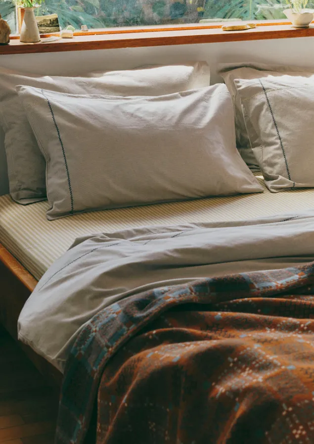 Textiles | Bed Linen-TOAST Fine Stripe Organic Cotton Oxford Pillowcase Set Ecru/SmokeBlue