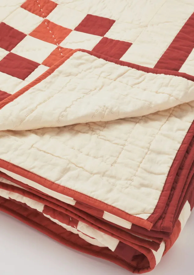 geo_block_patchwork_cotton_quilt_3-1.webp Textiles | Blankets & Throws-TOAST Geo Block Patchwork Cotton Quilt ClayRed/DeepCoral