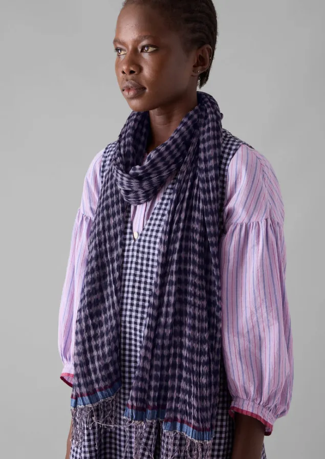 gingham_hand_woven_scarf_2.webp Hats, Scarves & Gloves-TOAST Gingham Hand Woven Scarf Navy/Lilac