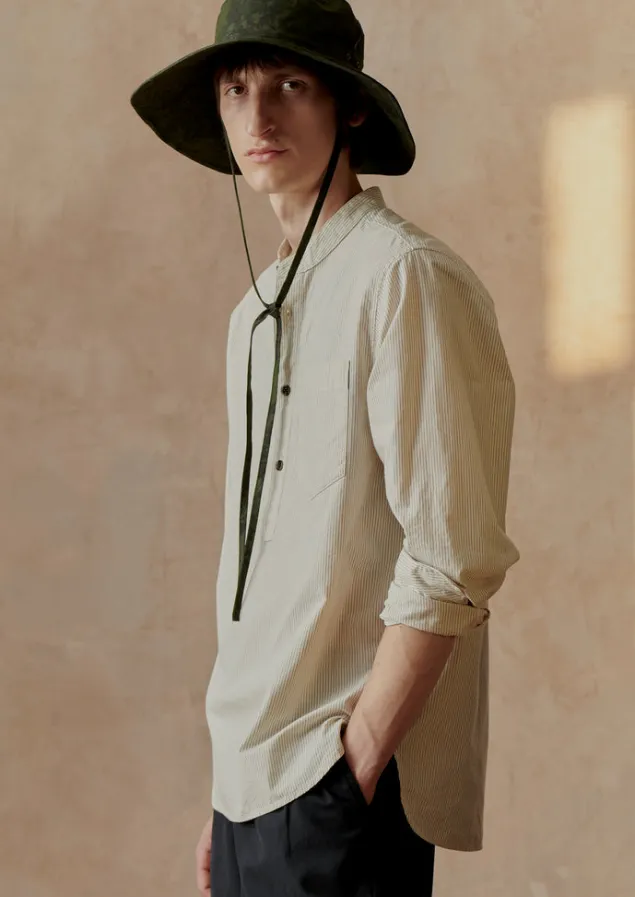 grandad_collar_stripe_pullover_shirt_1.webp Shirts-TOAST Grandad Collar Stripe Pullover Shirt SunwashedBlue