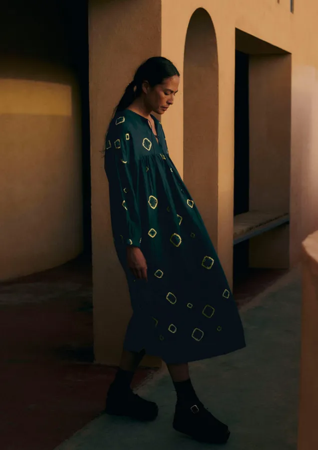 hand_bandhini_silk_dress_1.webp Dresses-TOAST Hand Bandhini Silk Dress OilGreen/LimeGreen