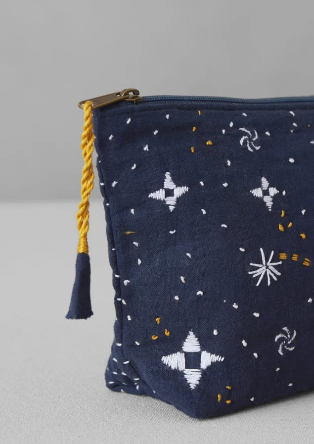 Textiles | Bathroom-TOAST Hand Embroidered Celestial Pouch Indigo
