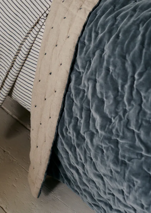 hand_quilted_velvet_throw_1-3.webp Textiles | Blankets & Throws-TOAST Hand Quilted Velvet Throw MineralBlue/Natural