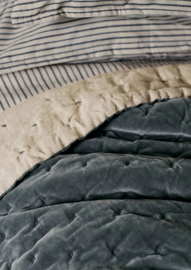 hand_quilted_velvet_throw_6.webp Textiles | Blankets & Throws-TOAST Hand Quilted Velvet Throw MineralBlue/Natural