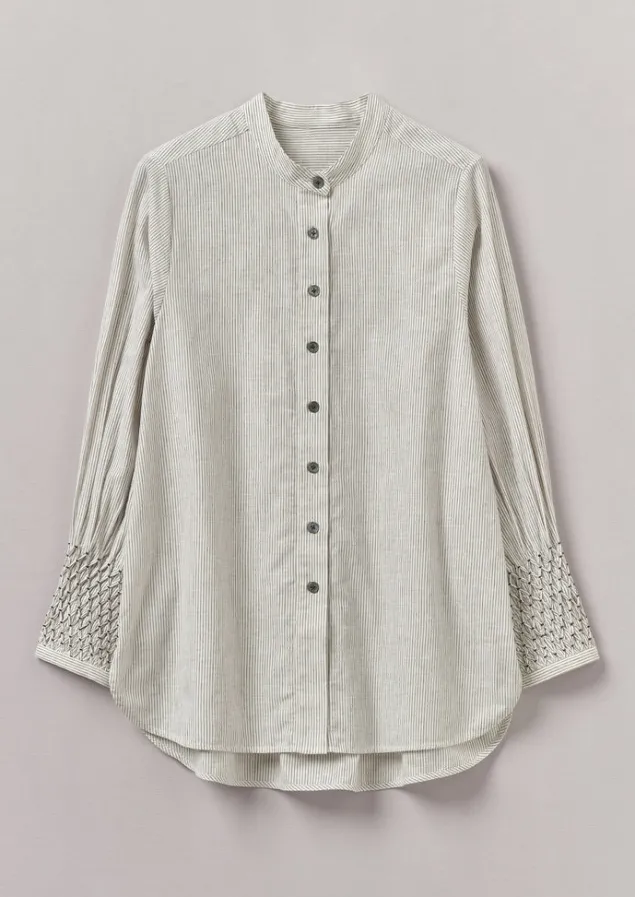 Shirts | Tops & Tees-TOAST Hand Smocked Stripe Cotton Linen Shirt Charcoal/Ecru