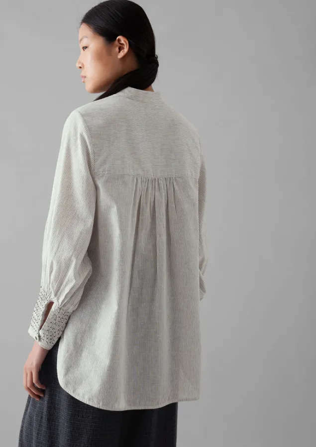 hand_smocked_stripe_cotton_linen_shirt_10.webp Shirts | Tops & Tees-TOAST Hand Smocked Stripe Cotton Linen Shirt Charcoal/Ecru