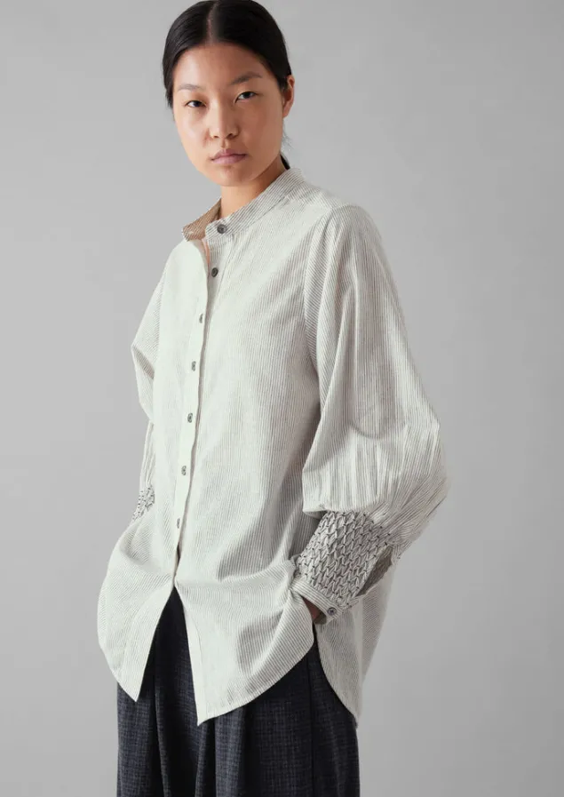 hand_smocked_stripe_cotton_linen_shirt_2.webp Shirts | Tops & Tees-TOAST Hand Smocked Stripe Cotton Linen Shirt Charcoal/Ecru