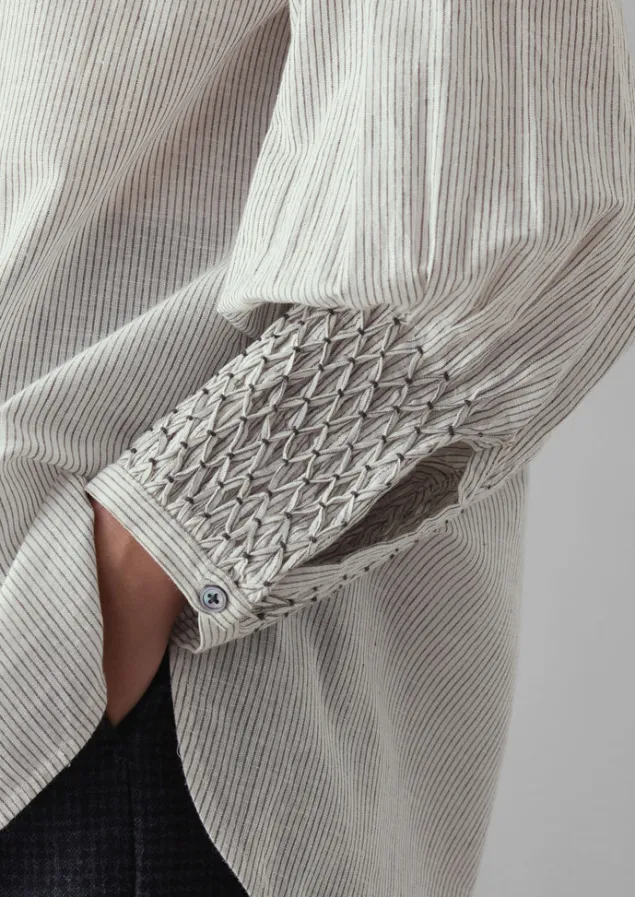 hand_smocked_stripe_cotton_linen_shirt_5.webp Shirts | Tops & Tees-TOAST Hand Smocked Stripe Cotton Linen Shirt Charcoal/Ecru