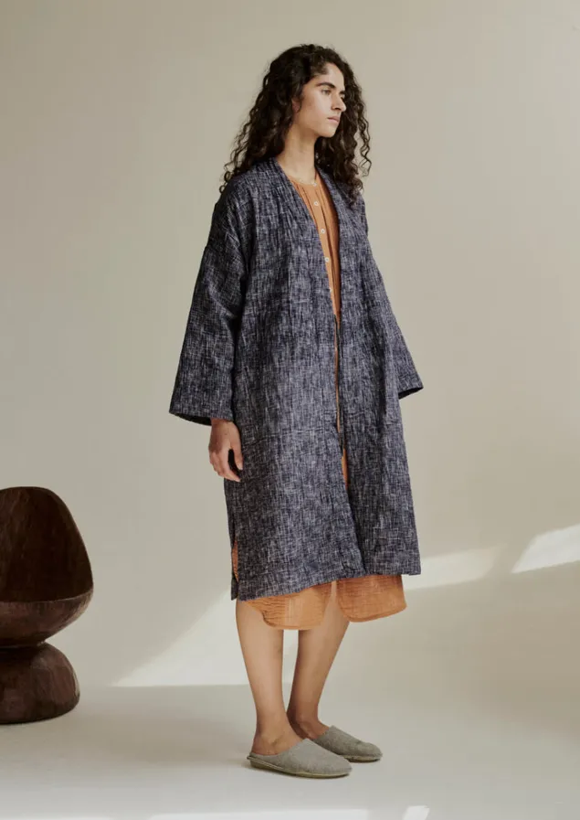 hand_woven_crosshatch_kantha_gown_10.webp Gowns | Nightwear-TOAST Hand Woven Crosshatch Kantha Gown DeepBlue