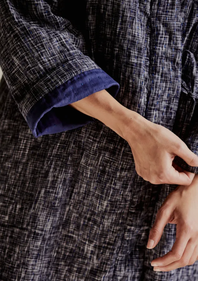 hand_woven_crosshatch_kantha_gown_3.webp Gowns | Nightwear-TOAST Hand Woven Crosshatch Kantha Gown DeepBlue