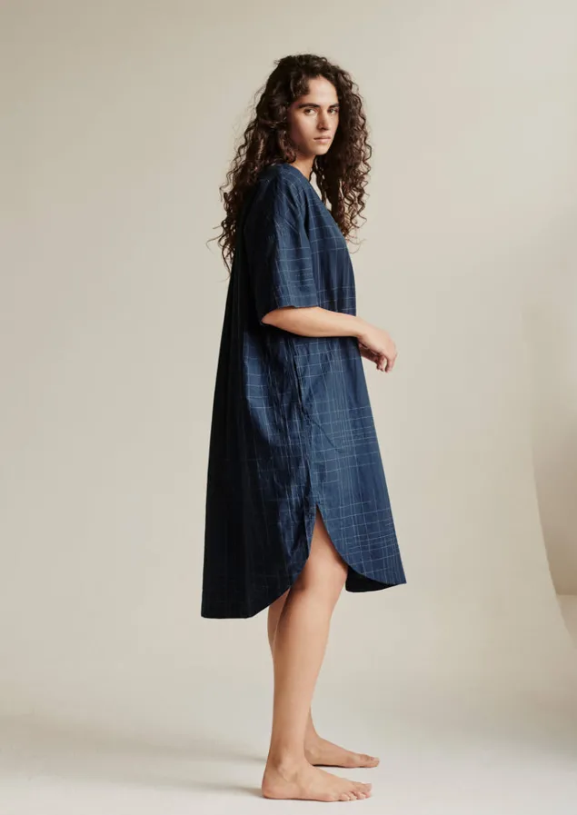 hand_woven_sketched_check_nightdress_10.webp Nightwear | Loungewear-TOAST Hand Woven Sketched Check Nightdress Twilight/Ecru