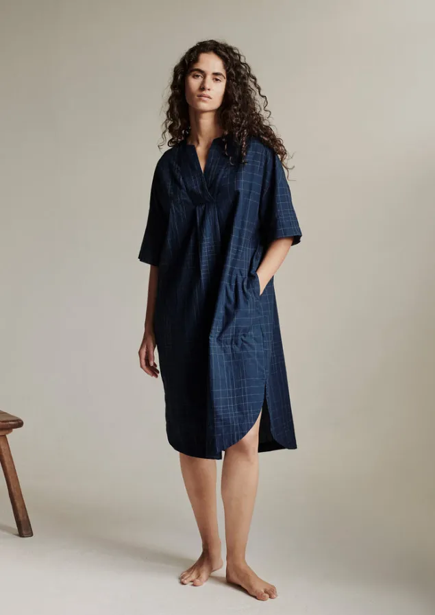 hand_woven_sketched_check_nightdress_3.webp Nightwear | Loungewear-TOAST Hand Woven Sketched Check Nightdress Twilight/Ecru
