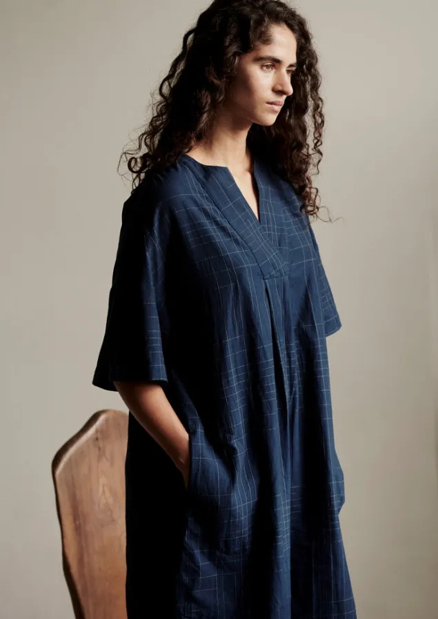 hand_woven_sketched_check_nightdress_4.webp Nightwear | Loungewear-TOAST Hand Woven Sketched Check Nightdress Twilight/Ecru