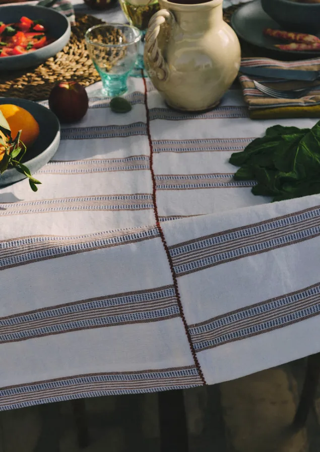 hand_woven_stripe_tablecloth_3.webp Textiles | Kitchen-TOAST Hand Woven Stripe Tablecloth Ecru/Ochre