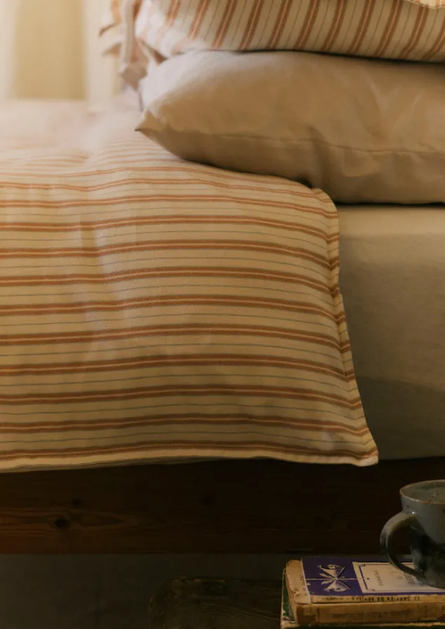 ines_flannel_stripe_cotton_duvet_cover_2.webp Textiles | Bed Linen-TOAST Ines Flannel Stripe Cotton Duvet Cover Apricot/SoftBlue