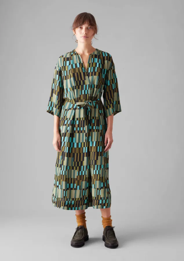 irregular_check_print_tie_front_dress_2.webp Dresses-TOAST Irregular Check Print Tie Front Dress Olive/Mint