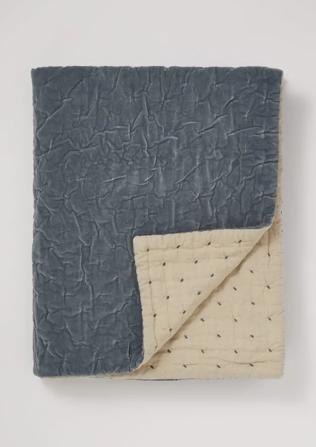 Textiles | Blankets & Throws-TOAST Large Hand Quilted Velvet Throw MineralBlue/Natural