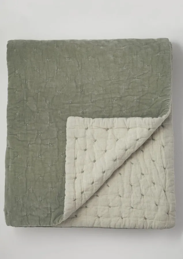 Textiles | Blankets & Throws-TOAST Large Hand Quilted Velvet Throw Sage/Natural