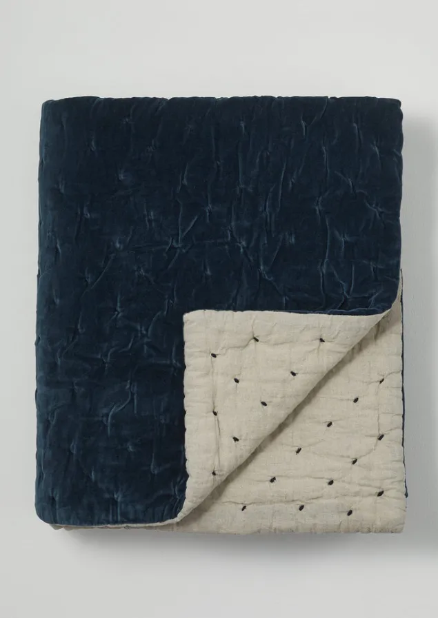 Textiles | Blankets & Throws-TOAST Large Hand Quilted Velvet Throw Teal/Natural