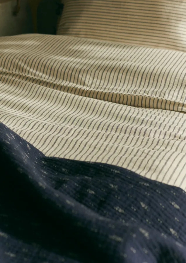 organic_cotton_pyjama_stripe_duvet_cover_6.webp Textiles | Bed Linen-TOAST Organic Cotton Pyjama Stripe Duvet Cover Navy/Ecru