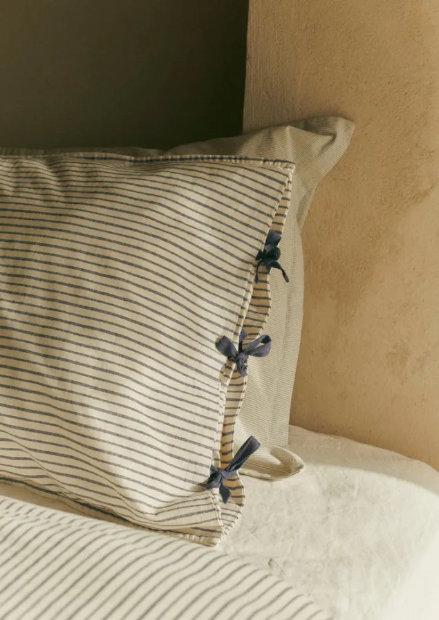 Textiles | Bed Linen-TOAST Organic Cotton Pyjama Stripe Housewife Pillowcase Navy/Ecru