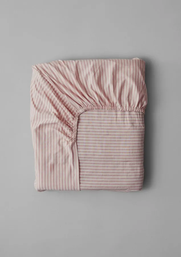 Textiles | Bed Linen-TOAST Organic Cotton Ticking Stripe Fitted Sheet Ecru/Rose
