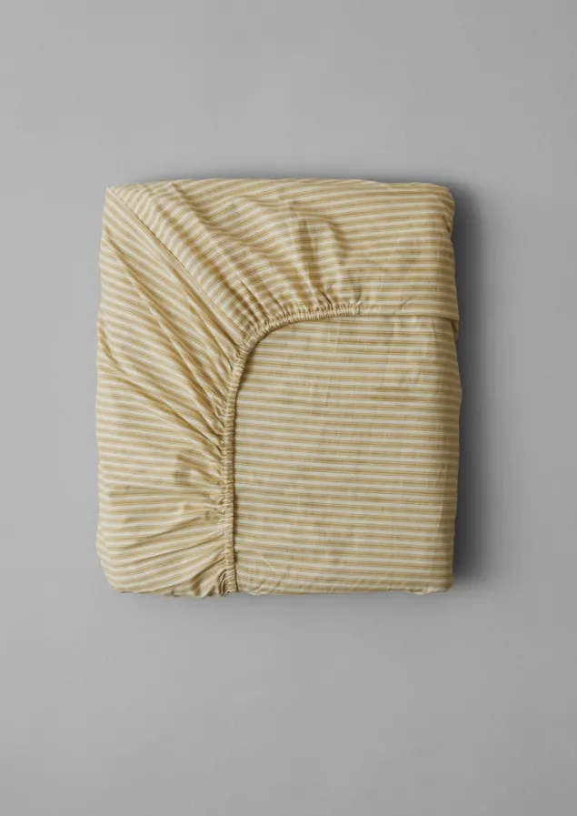 organic_cotton_ticking_stripe_fitted_sheet_2-3.webp Textiles | Bed Linen-TOAST Organic Cotton Ticking Stripe Fitted Sheet Ecru/Straw