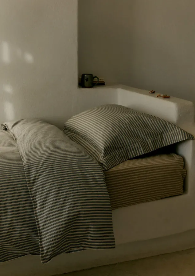organic_cotton_ticking_stripe_fitted_sheet_3-3.webp Textiles | Bed Linen-TOAST Organic Cotton Ticking Stripe Fitted Sheet Ecru/Straw