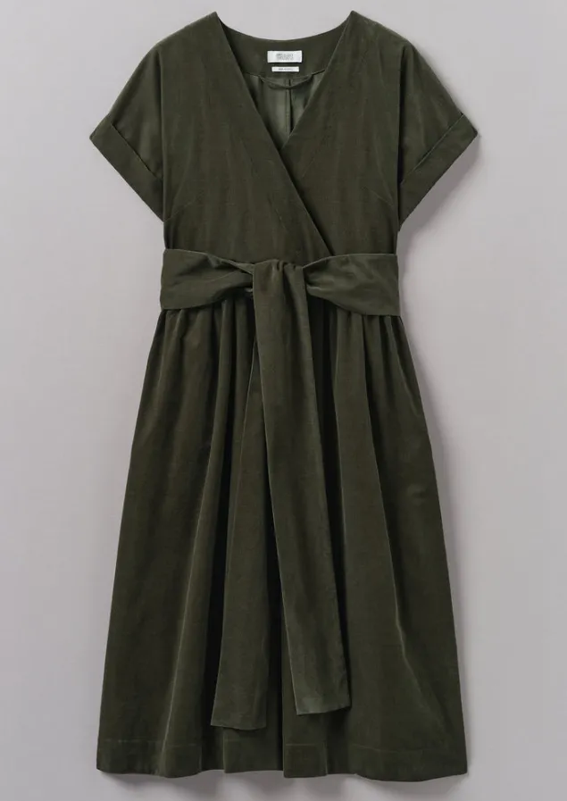 Cord | Dresses-TOAST Organic Needlecord Wrap Front Dress Seaweed