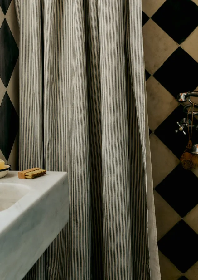 Textiles | Bathroom-TOAST Organic Ticking Stripe Shower Curtain Ecru/Graphite