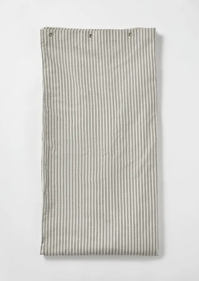 organic_ticking_stripe_shower_curtain_7.webp Textiles | Bathroom-TOAST Organic Ticking Stripe Shower Curtain Ecru/Graphite
