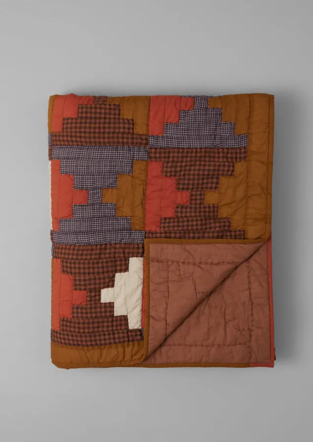 Textiles | Blankets & Throws-TOAST Stacked Check Patchwork Quilt DeepAmber/RustedCoral