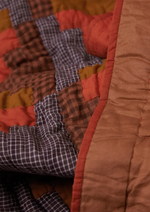 stacked_check_patchwork_quilt_5.webp Textiles | Blankets & Throws-TOAST Stacked Check Patchwork Quilt DeepAmber/RustedCoral
