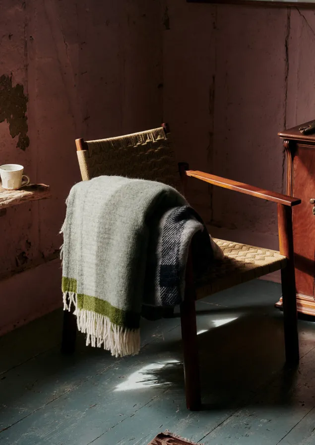 Textiles | Blankets & Throws-TOAST Stripe Edge Wool Blanket Grey/Fern