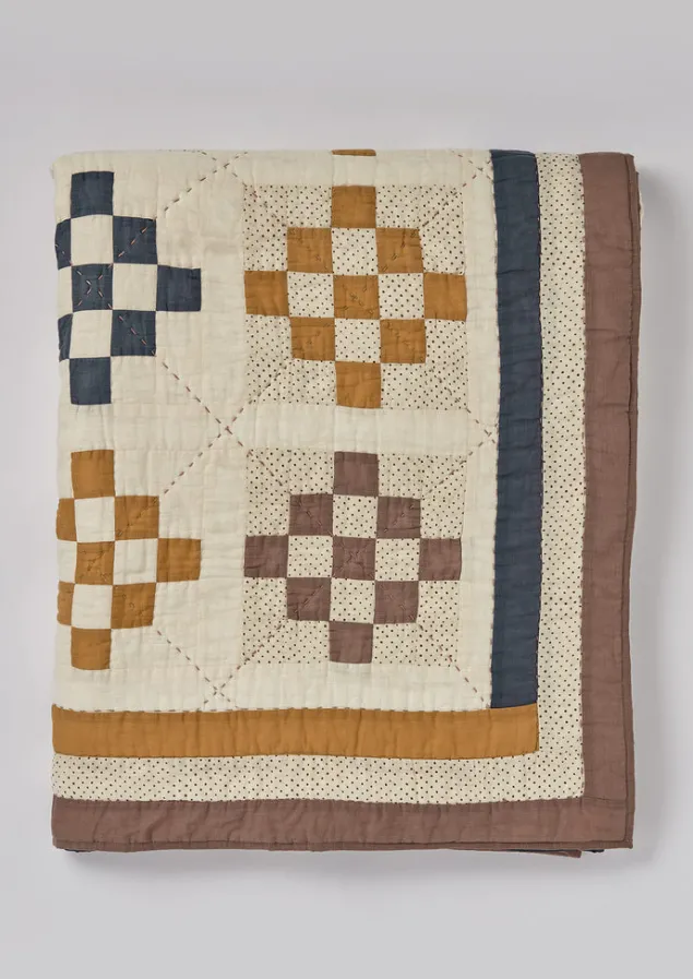 Textiles | Blankets & Throws-TOAST Tile Cotton Patchwork Quilt Ecru/GoldenHay/Prune