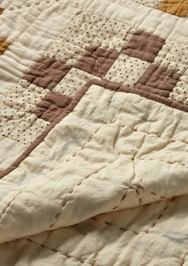 tile_cotton_patchwork_quilt_9-1.webp Textiles | Blankets & Throws-TOAST Tile Cotton Patchwork Quilt Ecru/GoldenHay/Prune