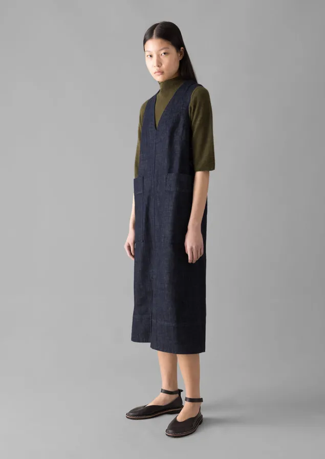 vneck_denim_pinafore_dress_2.webp Denim | Workwear-TOAST V-Neck Denim Pinafore Dress Indigo